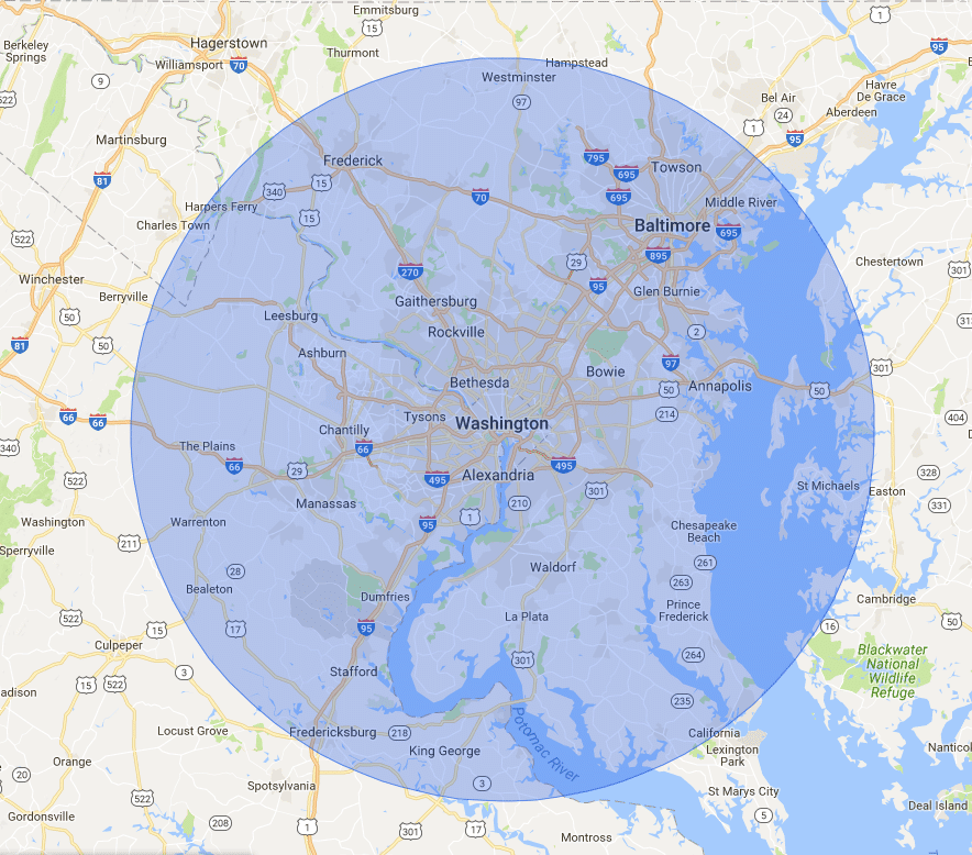 50-mile radius from the George Washington National Monument, Washington, D....